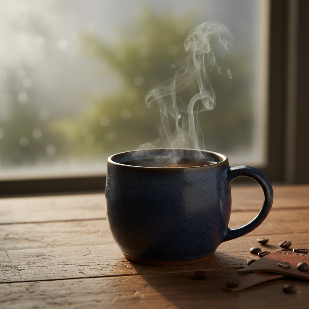 A steaming mug of hot coffee sits on a wooden table next to a window with a blurred natural background.